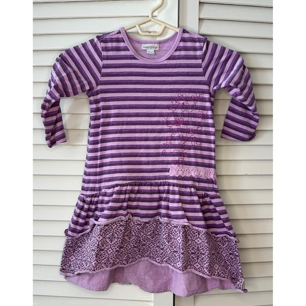 Naartjie Size M 5Y Purple Striped Long Sleeve Embroidered Dress Ruffled Tiered